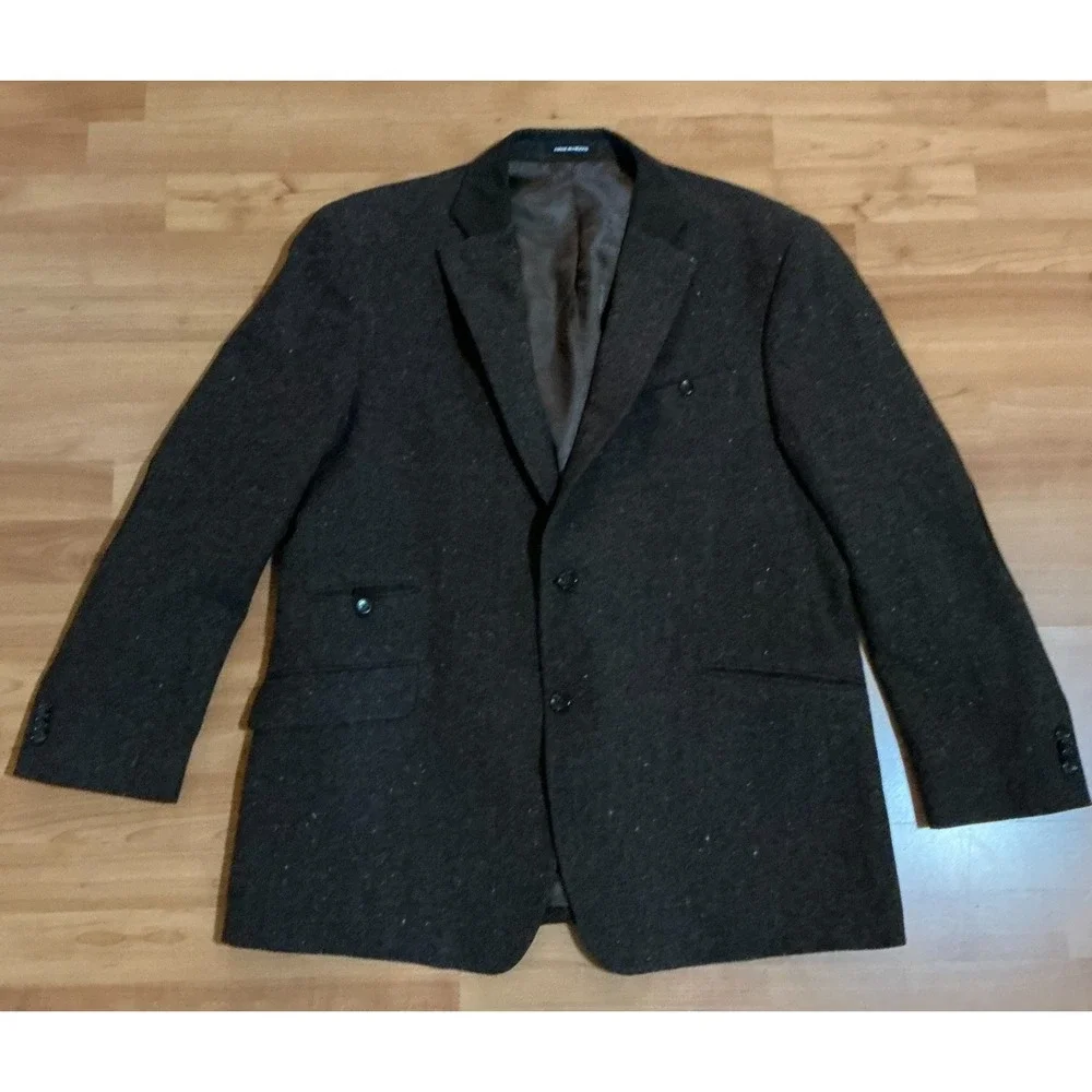 Paul Frederick 46R Wool Sport Coat Blazer Black Flecked Elbow Patch Jacket Mens